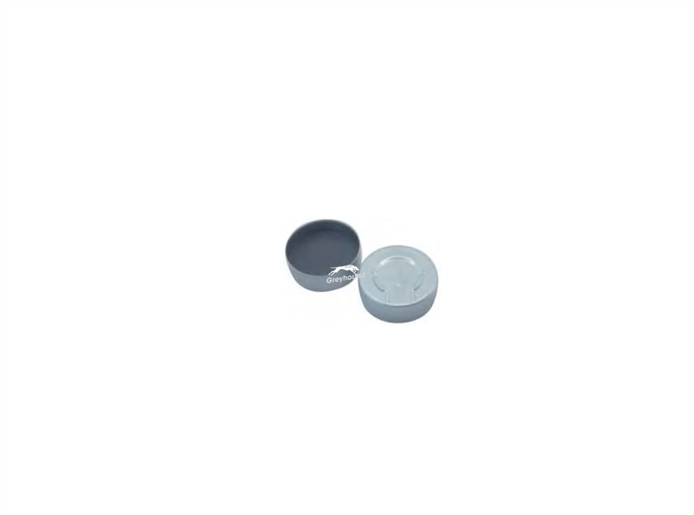 Picture of 20mm Aluminium Complete Tear Off Crimp Cap (Silver), with Pre-fitted PTFE/Grey Butyl Septa. 3mm, (Shore A 50)